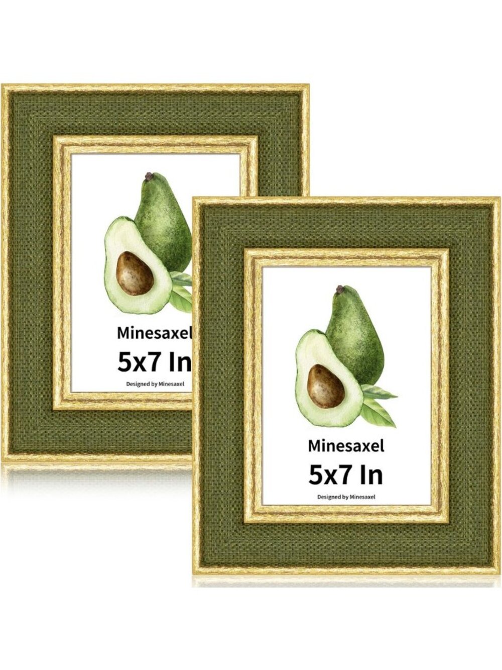 Set of 2 Vintage Gold Border 5x7 Picture Frames with Green Fabric & Real Glass